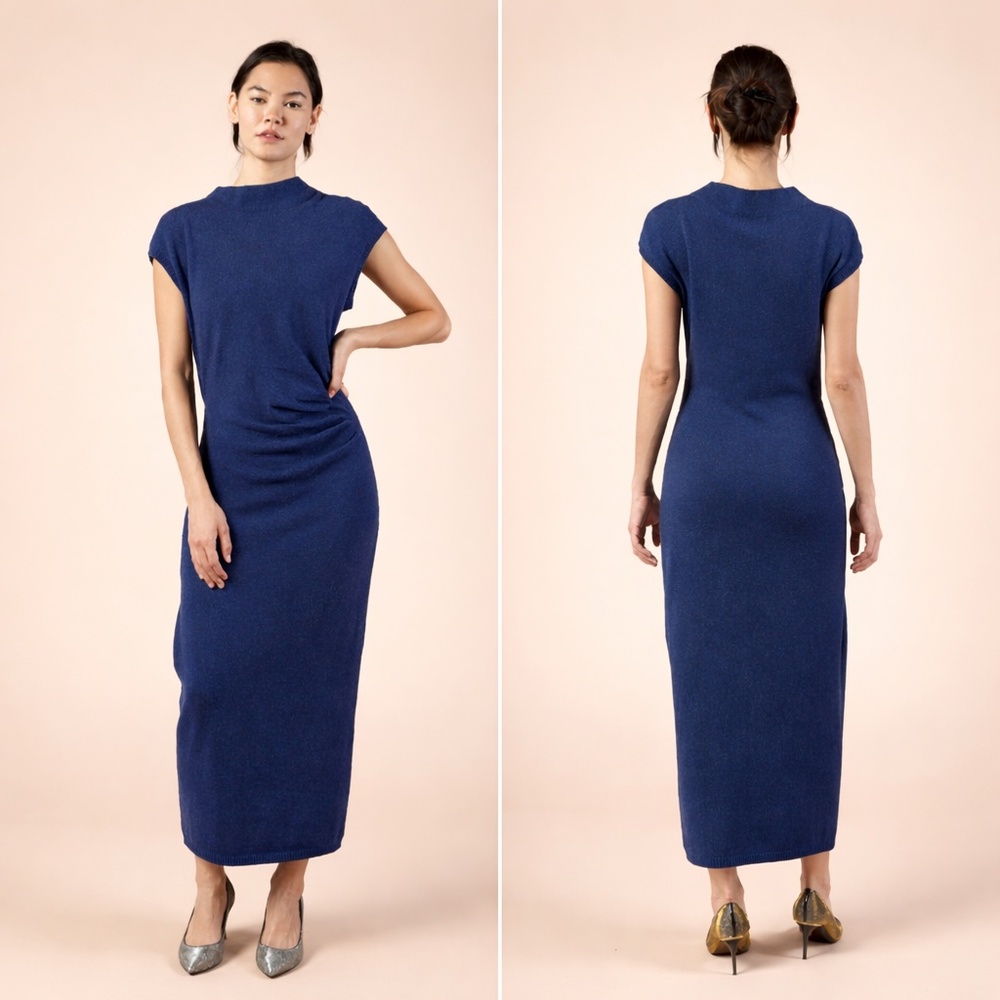 XL Cashmere Midi Dress, Long Sweater Dress, Navy Blue Cashmere Knit Midi Dress